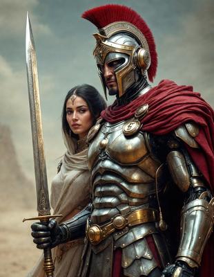 The primary subject of the image is a man wearing a suit of armor, holding a sword. The setting is a desert-like environment, with a woman standing next to him. The visual style appears to be a combination of digital art and illustration, creating a dramatic and intense atmosphere. The colors are predominantly earth tones, with the man's armor and the woman's clothing being predominantly brown and beige.